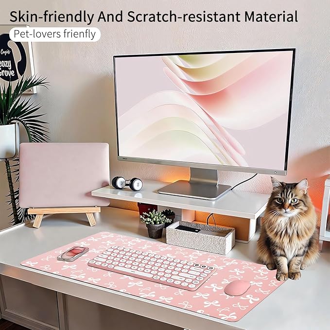Cute Pink Bow Office Desk Mat 23.6''X11.8''Aesthetic Bowknot Desktop Mat Pu Leather Large Mouse Pad Trendy Kawaii Mousepad Non-Slip Table Mat for Girls Women Home Work Computer Game