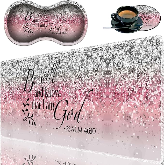 Durable Desk Mat + Wrist Rest Pad + Coasters Set Large Gaming Office Mouse Pad 31.5 x 11.8 Extended Non-Slip Rubber Keyboard Pad Laptop &amp Home Pink Flash Bible Pattern
