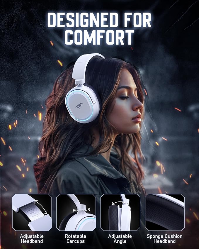 Wireless Gaming Headset 7.1 Surround Sound 2.4GHz USB Gaming Headphones with Bluetooth 5.4 100H Battery ENC Noise Canceling Mic RGB Light Wireless Headset for PC PS5 PS4 Mac Switch (Black-White)