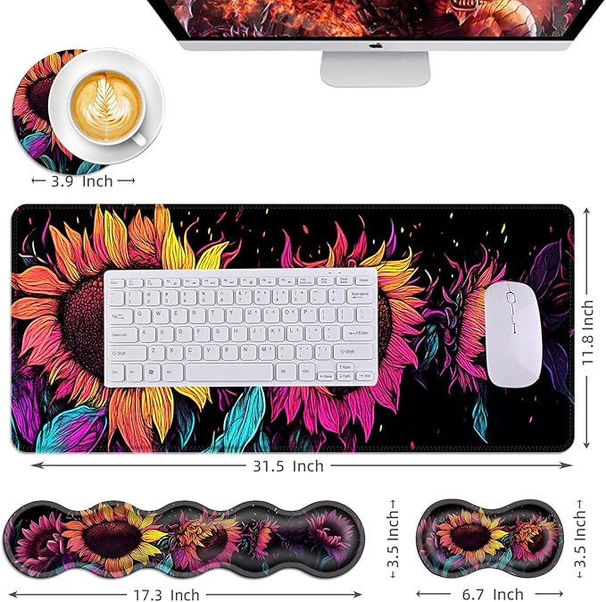 Mouse PadLarge Desk Mat Set 4in1 XL Mousepad + Keyboard Wrist Rest+Mouse Wrist Rest+Coaster with Ergonomic Desk Pad for Home Office Table Computer Cover -Neon Colorful Sunflowers