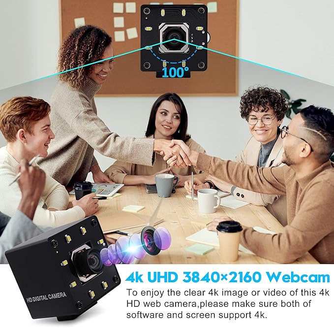 USB Camera 4K Autofocus Webcam High Resolution UHD 2160P Camera with 8pcs White LEDs100°No Distortion Lens Webcamera with IMX415 Sensor30fps Plug and Play Web Cam for Video Conference