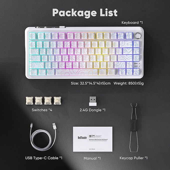 RedThunder K75 Wireless Mechanical Keyboard CNC Knob Tri-Mode BT5.0/2.4GHz/USB-C Hot Swappable Custom Pre-lubed Linear Coconut Switches Gasket Structure RGB Gaming Keyboard White Contour Lines
