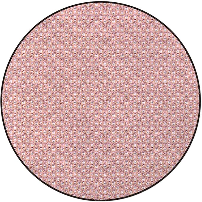 Pink Round Rug Soft Distressed Kitchen Round Area Rug Non Slip Non-Shedding Laundry Room Mat Low Pile Entry Floor Carpet Happy Animal Faces Image Diameter 35.4 in