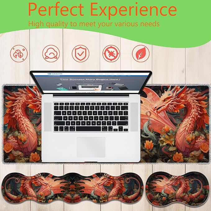4 in 1 Mouse Pad Combo Large Gaming Mouse Pad + Keyboard Wrist Support + Mouse Wrist Rest + Coaster Table Pad with Stitched Edge Ergonomic Wrist Pad Set Dragon