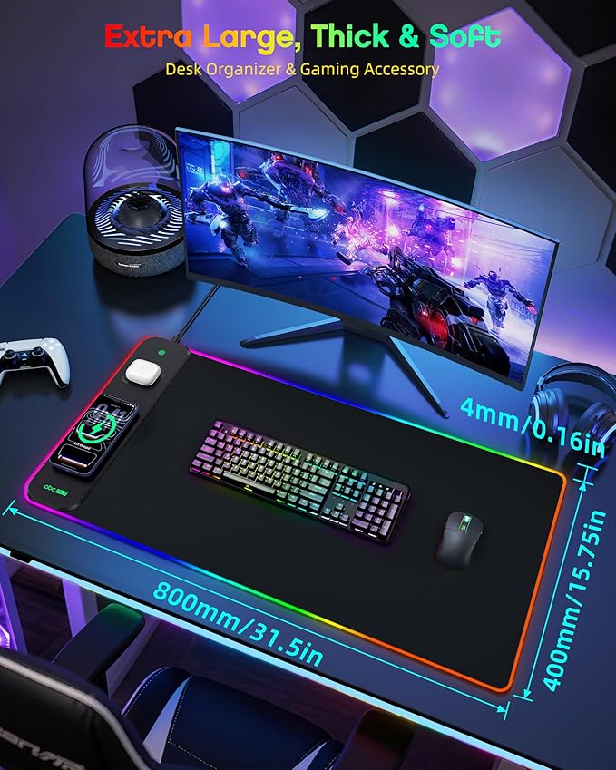 3-in-1 RGB Gaming Mouse Pad with Magnetic Wireless Charging 31.5x15.8 Large 24 Light Effects Non-Slip Base Waterproof Ultra-Smooth Surface with Adapter
