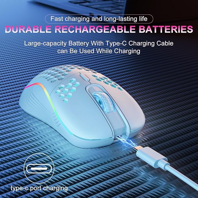 2.4G Wireless RGB Gaming Mouse Rechargeable Ergonomic Honeycomb Mouse with 6 Buttons Adjustable 800-1600 DPI Lightweight Mouse for PC &amp Laptop (White)