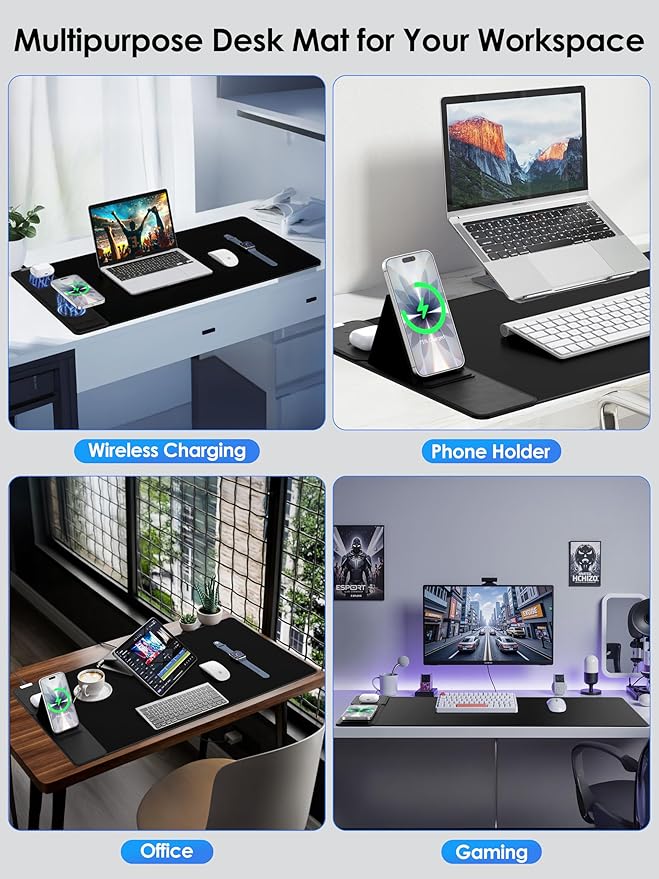 Wireless Charging Mouse Pad with Foldable Phone Holder 15W Magnetic Fast Charging for iPhone Samsung 31.5x15.75 Large Desk Mat for Laptop/Keyboard Waterproof Gaming Mousepad with Non-Slip Base
