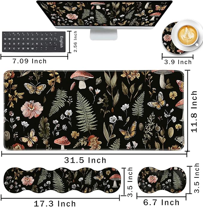 Keyboard Wrist Rest and Mouse Pad with Wrist Support Set Ergonomic CoasterMemory FoamEasy Typing Pain ReliefLarge XL Desk Mat 31.5x 11.8Magic Mushrooms