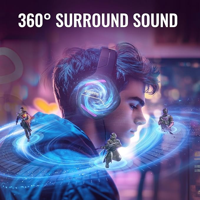 BINNUNE 2.4GHz Wireless Gaming Headset Bluetooth 5.3 Gaming Headphones with Noise Canceling Mic 120H Ultra-Long Battery 50mm Drivers Multi-Platform for PC / PS5 /PS4/ Switch/Mobile Purple