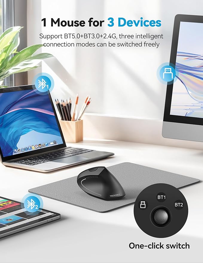 TECKNET Ergonomic Mouse Rechargeable Bluetooth - 4800 DPI Vertical Mice 6 Adjustable Levels Wireless Optical Carpal Tunnel Mouse Right Hand Multi Device for Laptop PC Computer MacBook - Black