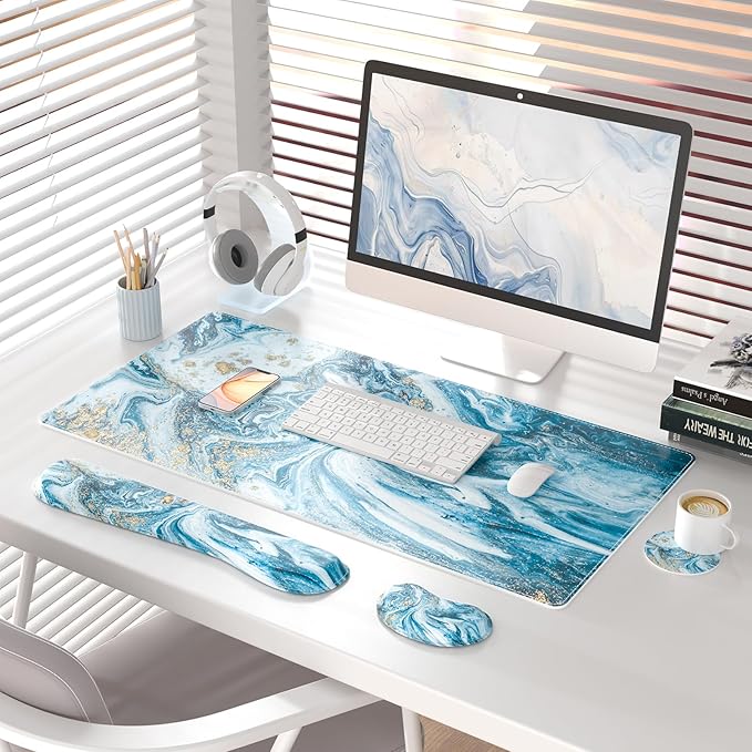 QiyI Leather Desk Mat Set 4-in-1 Large Mouse Pad with Wrist Rest Non-Slip Desk Pad + Keyboard Wrist Rest + Mouse Wrist Support + Coaster Office Desk Accessories Home Decor Supplies Blue Marble