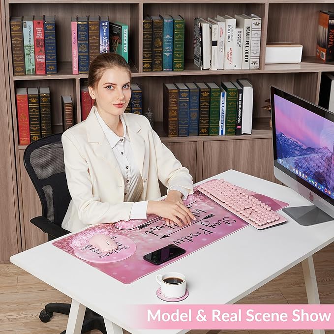 Desk Mat Set + Keyboard and Mouse Pad with Wrist Rest Support4-in-1 Large Mousepad Computer Mats for Desktop Home &amp Office-Glitter Pink