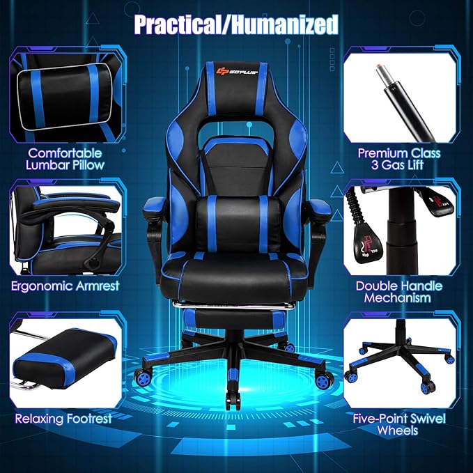POWERSTONE Gaming Chair Adjustable High Back PU Computer Chair with Footrest Massage Lumbar Support Headrest Thick Armrest Rolling Swivel Desk Chair Navy Blue