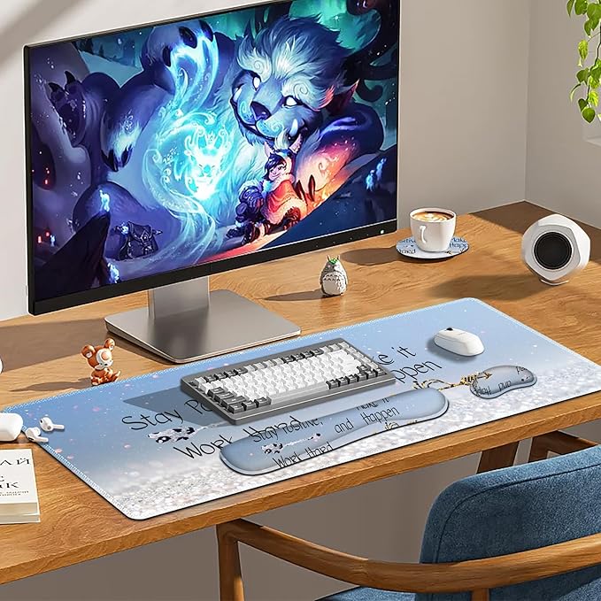 Desk Mat Gaming Mouse Pad Wrist Rest Support Combo XXL Large Mousepad + Keyboard Wrist Support +Mouse Wrist Rest+Coaster Set with Ergonomic Design 4in1 for Home Office Stay Positive Blue