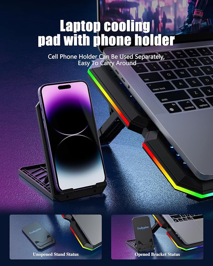 Laptop Cooling Pad Gaming Laptop Cooler with 10 Quiet Fans Height Adjustable Laptop Cooling Stand for 12-18.1 Laptops RGB Lights with Laptop Fan with 2 USB Port and Phone Stand