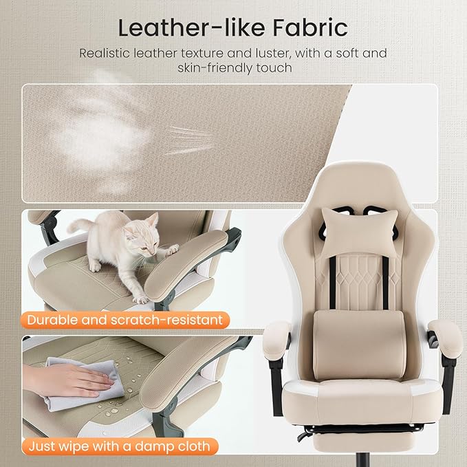 Sweetcrispy Computer Gaming Chair - High Back Ergonomic Desk Chair with Footrest and Lumbar Support Height Adjustable Task Chair with Linkage Armrests and Headrest 360°Wheels Fabric Khaki