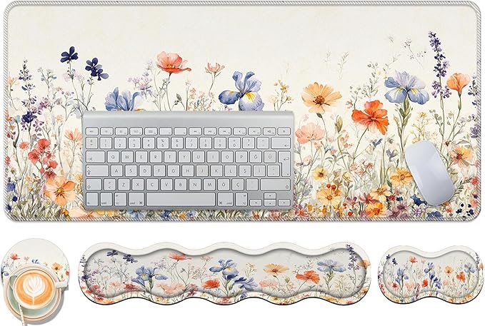 Keyboard Wrist Rest and Mouse Pad Set31.5x11.8 Inches Desk MatWaterproof Non-Slip Ergonomic Wrist Support for Pain ReliefExtended Desk Protector for Office Home GamingWildflower Pattern
