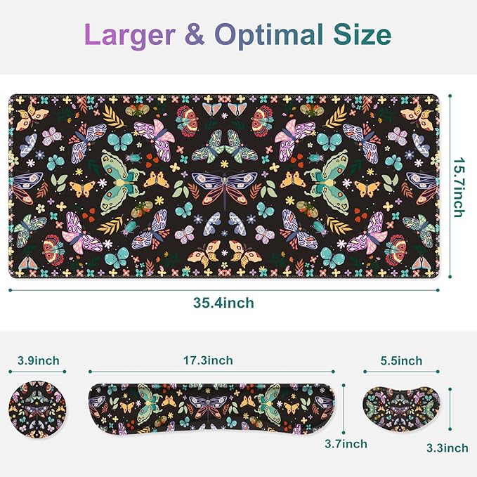 Desk Mat Pad Gaming Mouse Pad Wrist Support Set 4 in1 Non-Slip XXL Large Mousepad + Ergonomic Keyboard Wrist Rest+Mouse Wrist Rest+Coaster for Home Office Computer I Colorful Butterfly