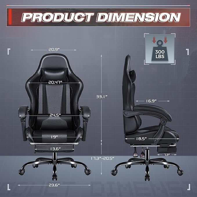 Furmax Gaming Chair Video Game Chair with Footrest and Massage Lumbar Support Swivel Seat Height Adjustable Computer Chair with Headrest Racing E-Sport Gamer Chair (Black)