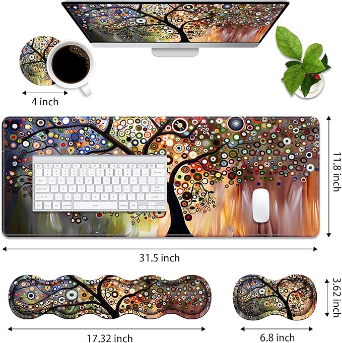 4 in 1 Ergonomic Memory Foam Mouse Pad Wrist Rest Set Large XXL Gaming Desk Pad + Keyboard Wrist Rest + Mouse Wrist Cushion + Coaster for Home Office Study Gaming Tree of Life
