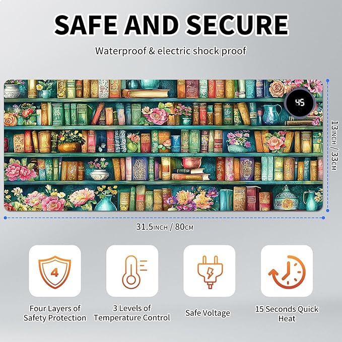 Heated Mouse Pad Hand Warmer Warm Desk Pad Mousepad Desk Mat with 3 Levels Heating and 3 Hours Auto Shut Down 31.5 x 13 inch PU Leather Warmer Keyboard Mat for Gaming Laptop Office Home Bookshelf