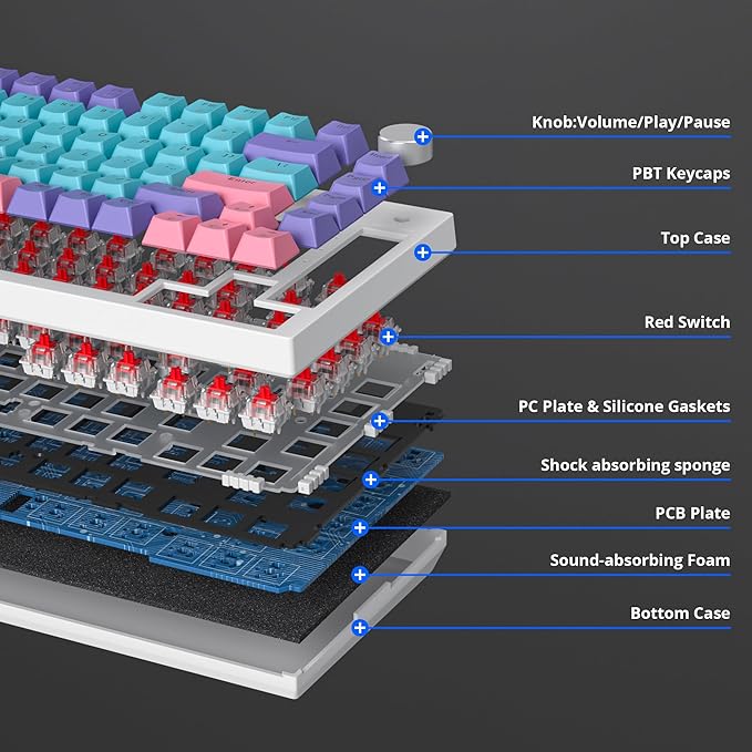 Owpkeenthy 75% Gasket Mounted Mechanical Gaming Keyboard Hot Swappable Wired 82 Keys Knob RGB Keyboard with Red Switch PBT Keycaps for Win MAC (Joker)
