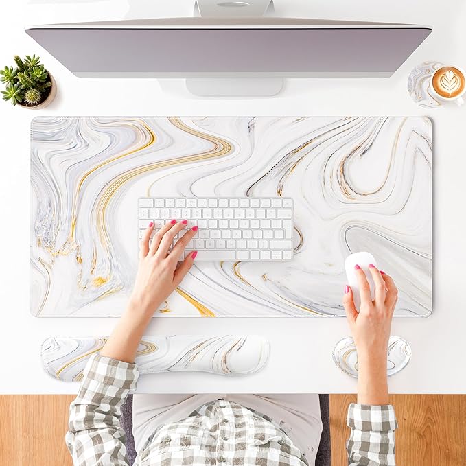 QiyI Leather Desk Mat Set 4-in-1 Large Mouse Pad with Wrist Rest Non-Slip Desk Pad + Keyboard Wrist Rest + Mouse Wrist Support + Coaster Office Desk Accessories Home Decor Supplies Marble Stripes