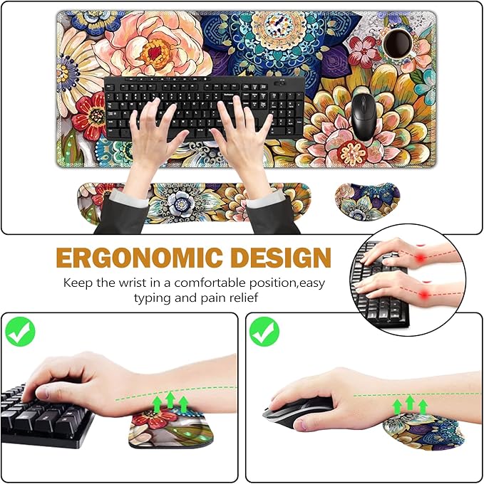 ToLuLu Extended Gaming Mouse Pad Memory Foam Ergonomic Keyboard Mouse Wrist Rest Support Set Large Desk Mat with Stitched Edges Non-Slip Base Mousepad for Home Office Game Colorful Flower