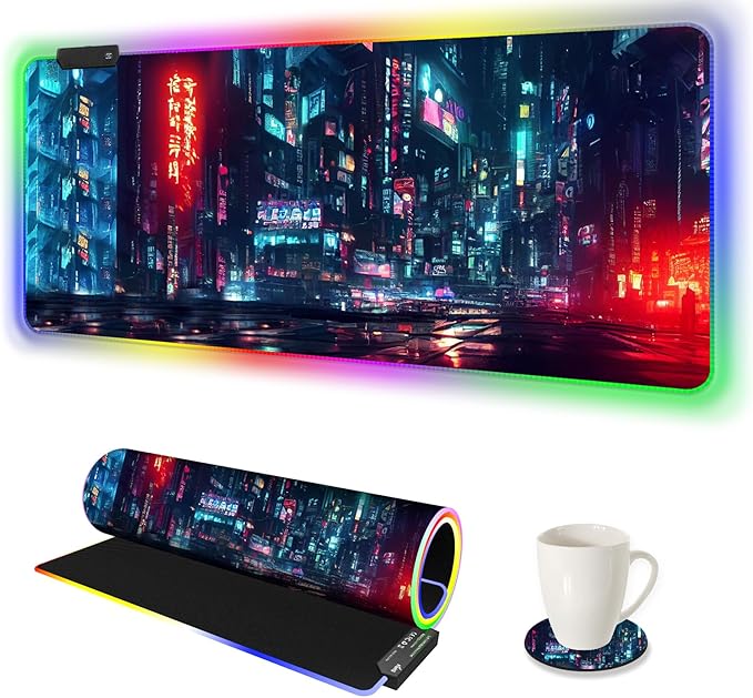 ARTSO RGB Gaming Mouse Pad Large Extended Soft Led Mouse Pad with 14 Lighting Modes 2 Brightness Water Resist Keyboard Pad Computer Mousepads Mat 35.4x15.7inch Night City