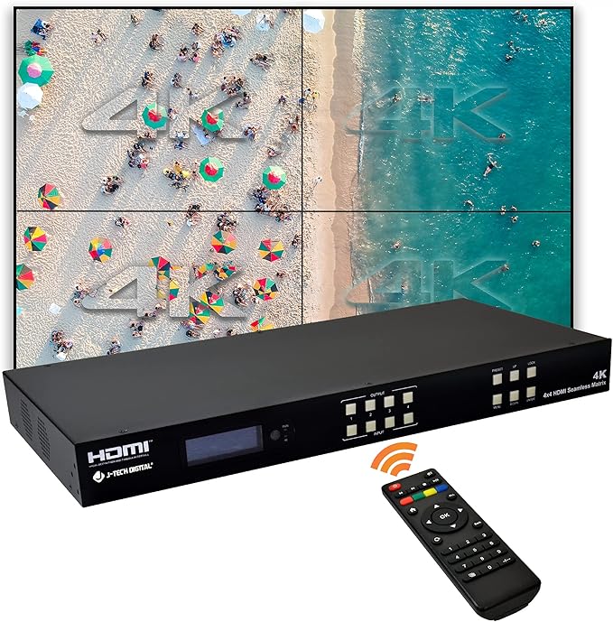 J-Tech Digital 4k 2x2 4K60Hz HDMI Video Wall Controller Multiviewer Seamless Switch Matrix | 4K60Hz Input and 4K30Hz Output Supports HDMI HDCP RS-232 LAN Downscale &amp Upscale Web Control