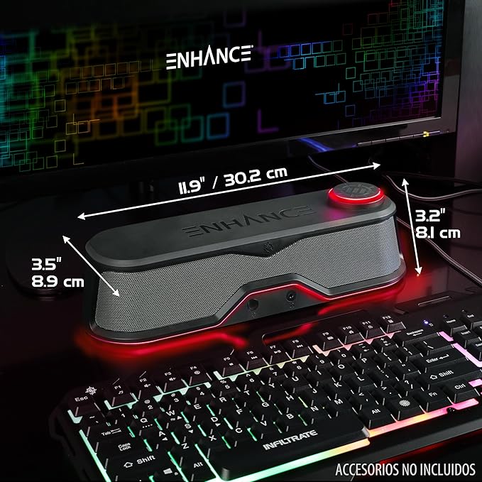 ENHANCE SB1 High Excursion Computer Soundbar - USB Powered Computer Speaker Under Monitor Speaker with 10W Peak LED Volume Control Knob Headset Pass Through Gaming Soundbar for PC