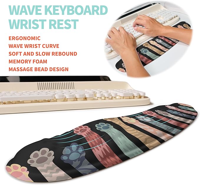 2-in-1 Ergonomic Set Wave Rise Keyboard Wrist Rest and Massage Bulge Slope Mouse Pad Wrist Support Cushion Memory Foam Integrated to Relieve Wrist Pain Multicolour Cat Claws