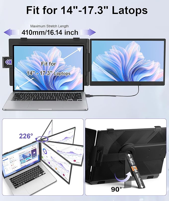 Laptop Screen Extender 1.87lbs Ultra-Portable &amp Ultra Slim 14.2 FHD 1080P Dual Portable Monitor for 14-17.3 Laptop Plug &amp Play Travel Monitor Extender Compatible with Wins/Mac/Chrome/Andr