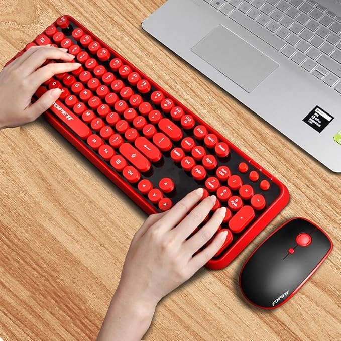 FOPETT Wireless Keyboard and Mouse Combo 104 Keys Full-Sized 2.4 GHz Round Keycap Colorful Keyboards USB Receiver Plug and Play for Windows Mac PC Laptop Desktop (Black Red)