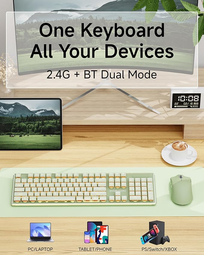 V3 Wireless Keyboard and Mouse Combo Bluetooth/2.4G Rechargeable Light up Quiet Computer Keyboard and Mouse with White Backlit Metal Panel Cute Keyboards-Green