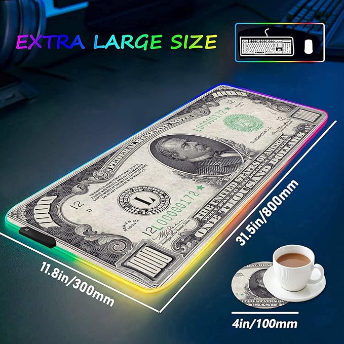 RGB Gaming Mouse Pad with Coffee Coaster XXL Large Glowing LED Mousepad Anti-Slip Rubber Base Computer Keyboard Desk Mouse Mat 31.5 X 11.8 Inch - 1000 Dollar Bill