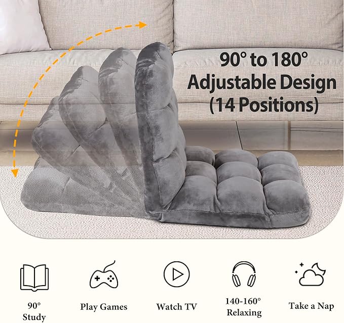 Nouva Adjustable Floor Chair 14-Position Sofa Bed Foldable Cushion Video Gaming Chairs Bean Bag Chair Reading Seating for Adults Kids Teens for Bedroom Living Room Indoor UseGrey