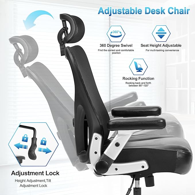 Super Big and Tall Office Chair 700lbs- Heavy Duty Executive Computer Chair with Rubber Wheels 3D Flip Arms Ergonomic Mesh High Back Desk Chair Extra Wide Seat Adjustable Lumbar Support &amp Headre