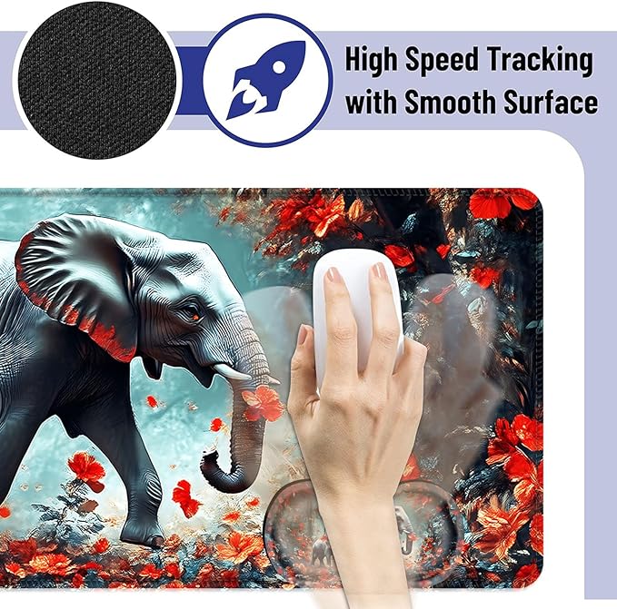 Large Mouse Pad and Keyboard Wrist Rest Desk Pad for Keyboard and Mouse 4-in-1 Large Gaming Mouse Pad with Wrist Support Desk Mat for Home Office Study GameFloral Elephant