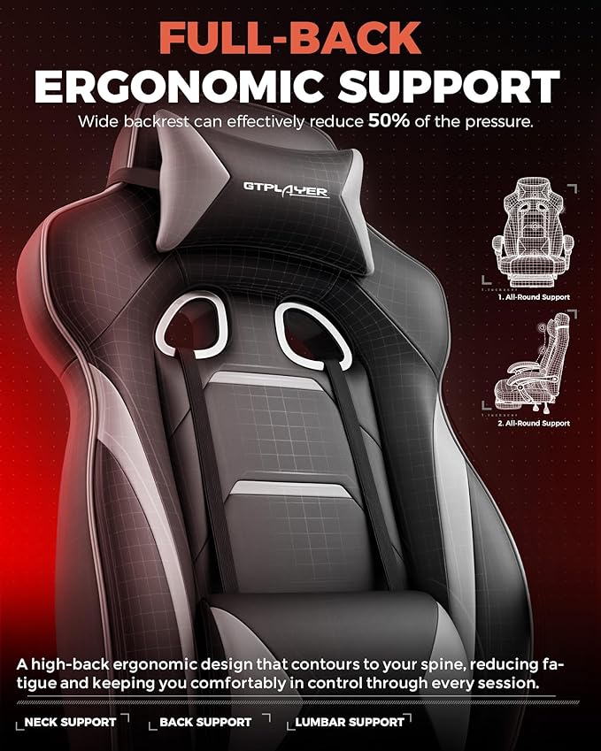 GTPLAYER Gaming Chair with Footrest Big and Tall Computer Game Chair 350lb Racing Style Ergonomic High Back Lumbar Support and Recliner Moon Gray