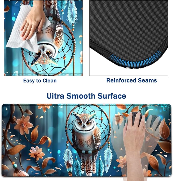Large Mouse Pad + Keyboard Wrist Rest Set Extended Gaming Mousepad (31.5X11.8 inch) with Non-Slip Rubber Ergonomics Memory Foam Mouse Wrist Rest Support Dreamcatcher and Owl XXL Desk Pad