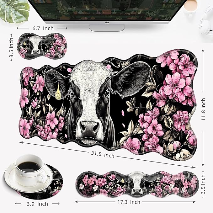 Desk Mat Mouse Pad with Wrist Rest 4-in-1 Large Mouse Pads for Desk Ergonomic Mouse Pad and Keyboard Wrist Rest Gaming Keyboard Mat for OfficeCute Cow Floral