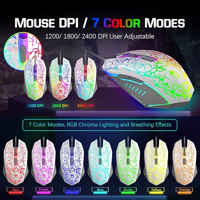 Wired Rainbow LED Backlit Keyboard and Mouse Over Ear Headphone with Mic Gaming Mice and Pad for PC Xbox and PS4 (White/Black)