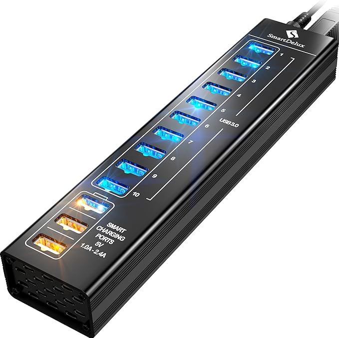 SmartDelux Powered USB Hub - 13-Port USB 3.0 Hub with 10 USB 3.0 Ports 3 Smart Charging Ports Power Adapter Long Cord LEDs - Black Aluminum