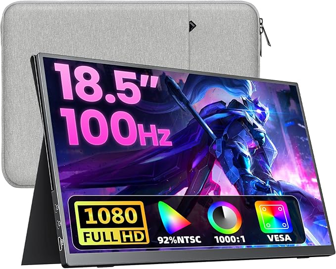 Portable Monitor 18.5 inch FHD 130% sRGB 100Hz HDR HDMI USB-C Travel Monitor for Laptop MacBook PC Surface PS5 Xbox Large External Display with Cover &amp Speakers VESA Compatible