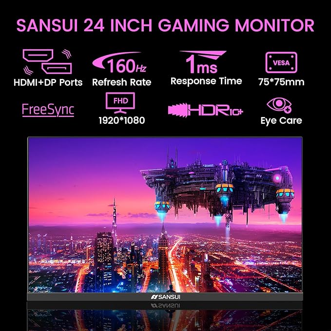 SANSUI 24 Inch Gaming Monitor 160Hz FHD 1080P Computer Monitor FreeSync 1ms 4000:1 Contrast HDMI DP Ports VESA Support Eye Care Monitor for Gaming Office (HDMI Cable Included ES-G24F4M)