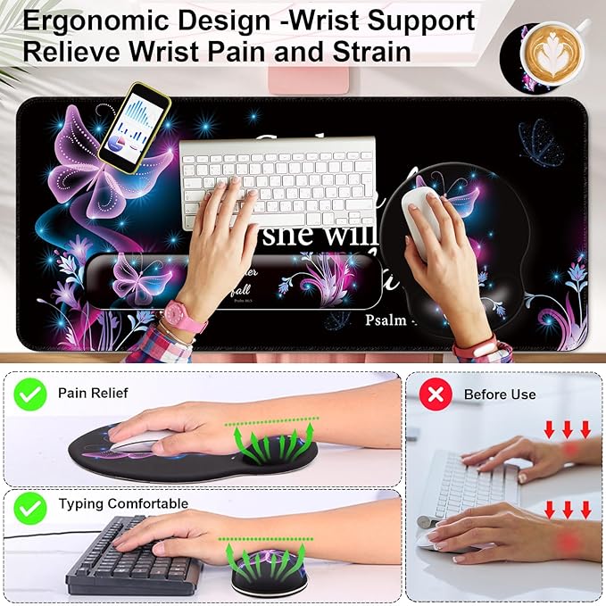 Mouse Pad + Desk Mat + Keyboard Wrist Rest + Coaster 4 in 1 Set Cute Ergonomic Large Gaming Mousepad with Wrist Rest Support Desk Pad for Computer Laptop Office Home Decor-Purple Butterfly