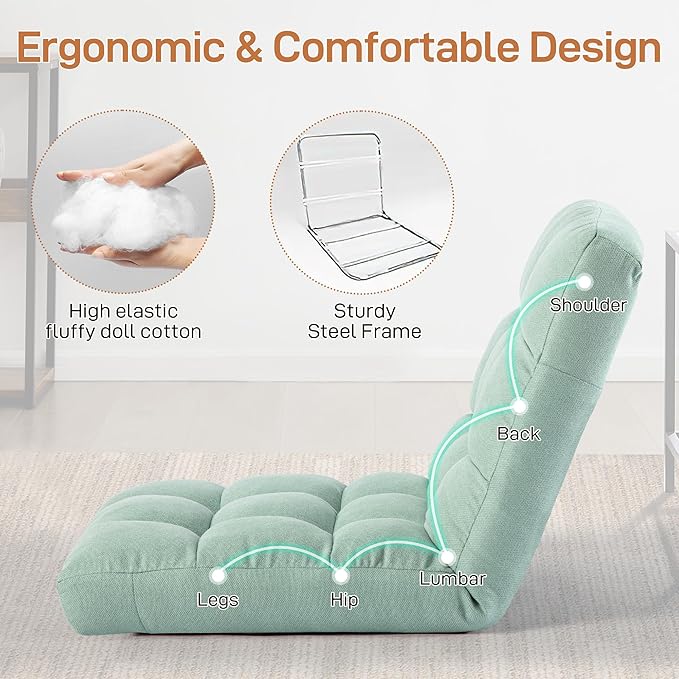 Floor Chair with Back Support Folding Chair with 6 Adjustable Position Padded Sleeper Bed Floor Gaming Chair Meditation Chair for Adults