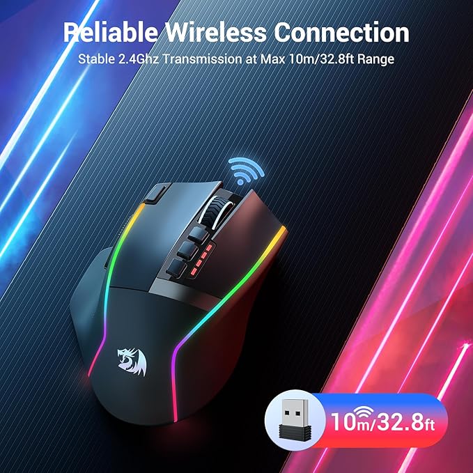 Redragon Wireless Gaming Mouse Ergonomic Mouse 16000 DPI with Rapid Fire Key 9 Macro Buttons 170-Hour Durable Power Capacity and RGB Backlight Wired/Wireless Mouse for Laptop/Mac/PC