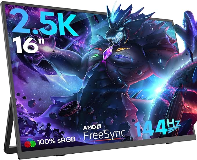 16'' 2.5K 144Hz Portable Gaming Monitor for Laptop 2560P×1440P IPS Screen with HDR 1000:1 FreeSync Ultra Slim &amp Eye CareTravel Monitor External Screen for Laptop PC PS5 Mac Xbox